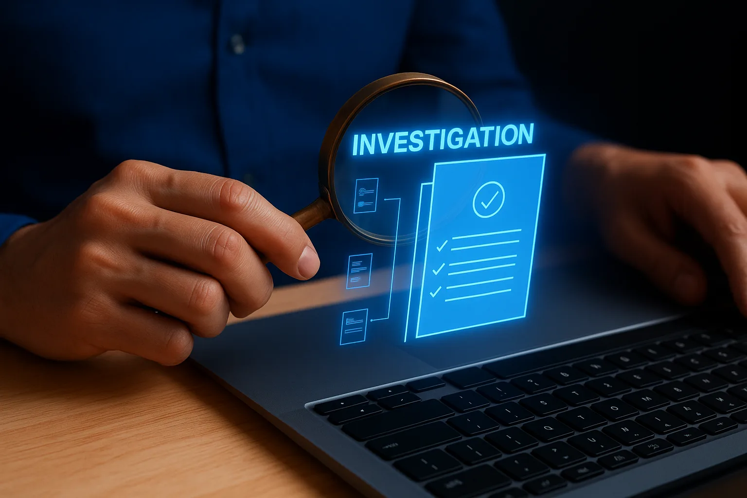Private investigator reviewing digital case information on a laptop